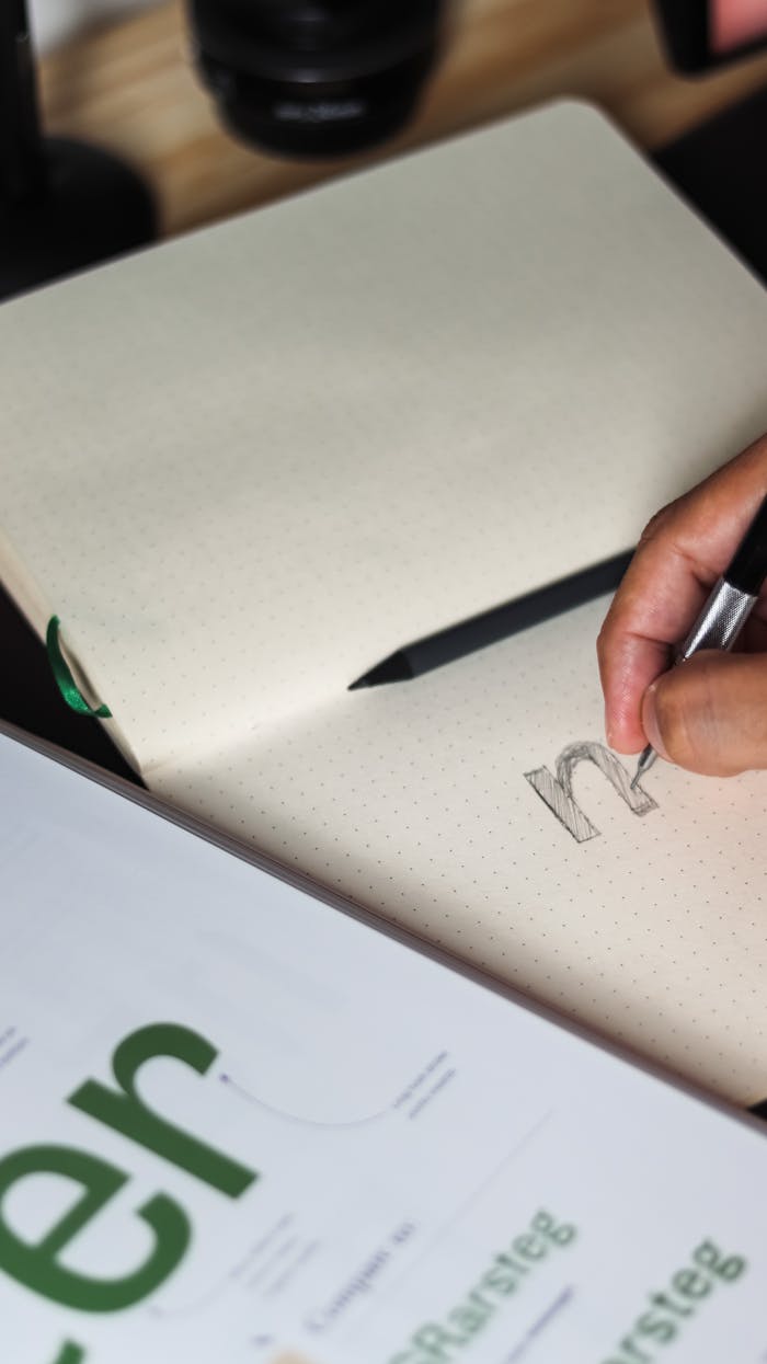 A person writing in a notebook, focusing on pencil sketching and typography design.