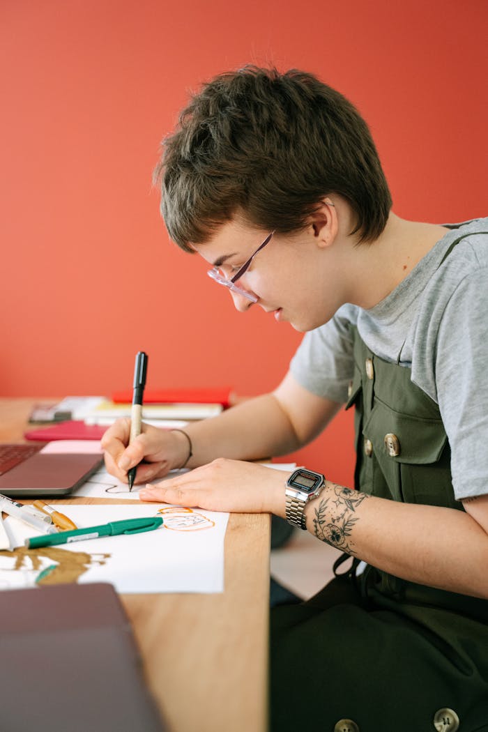 Young designer working intently on sketches at a desk, exemplifying creative focus.